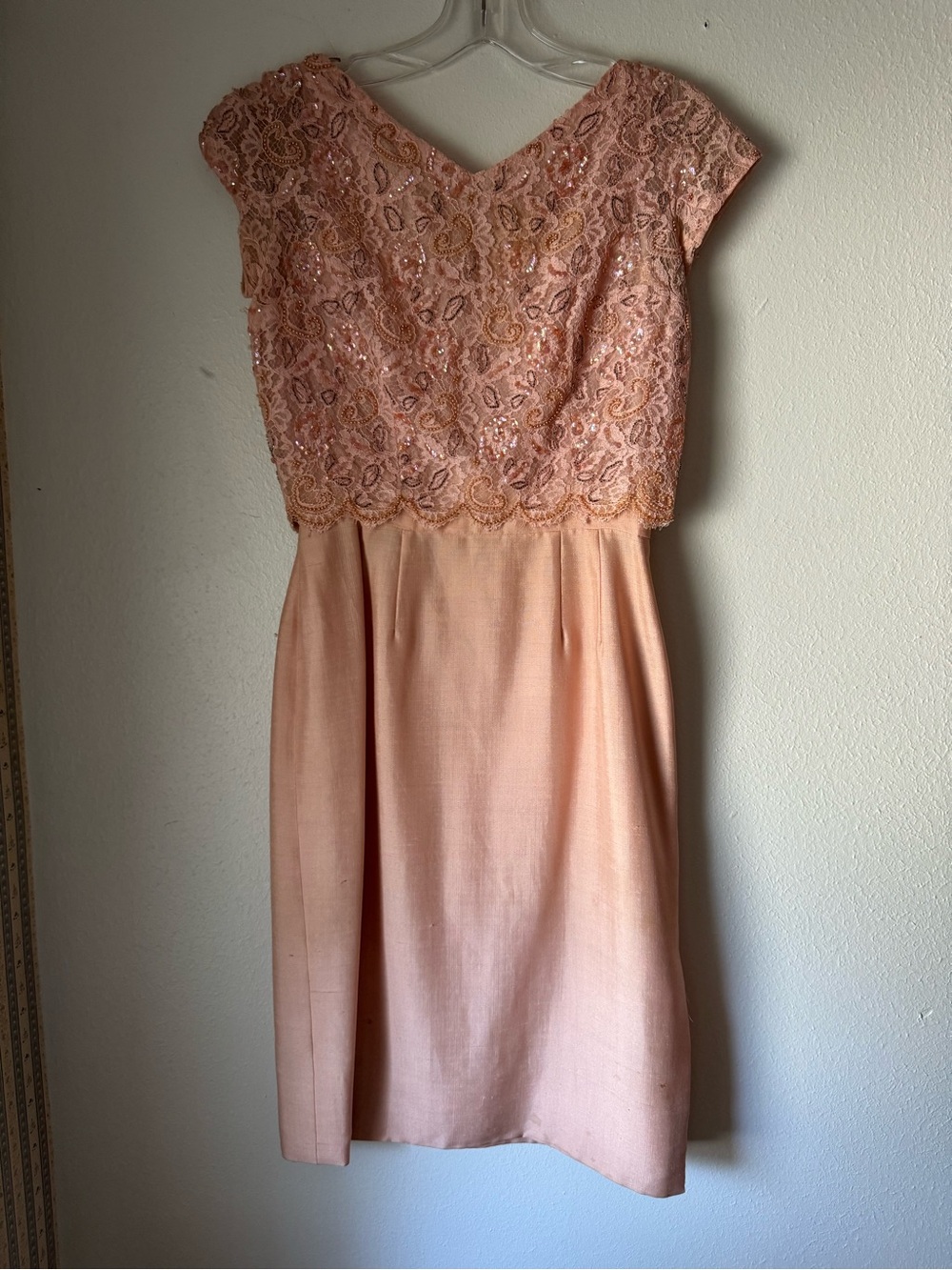 1950s Blush Pink Lace-Top Satin Midi Dress
